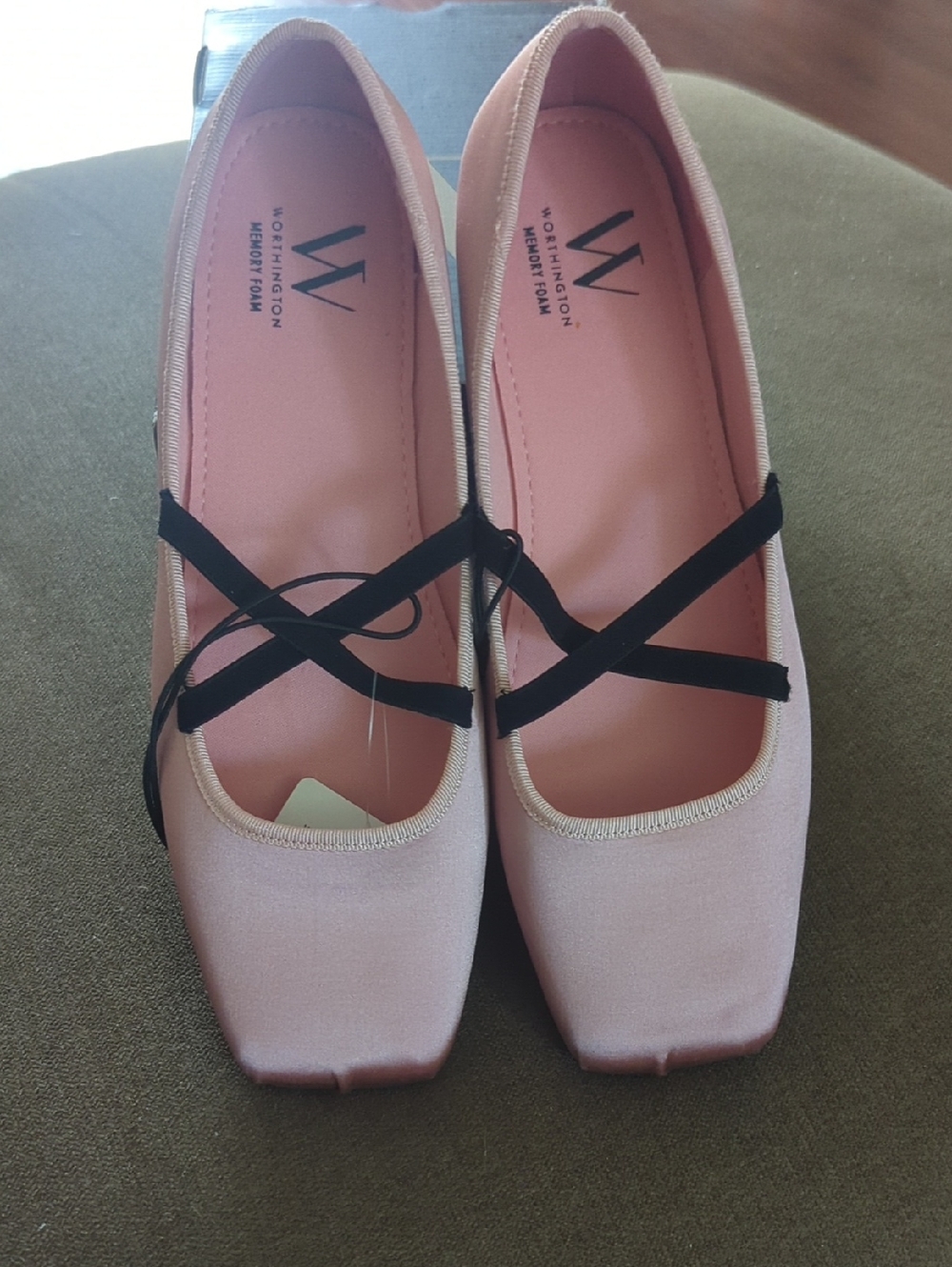 Worthington Pink Square-Toe Ballet Flats with Black Crisscross Straps